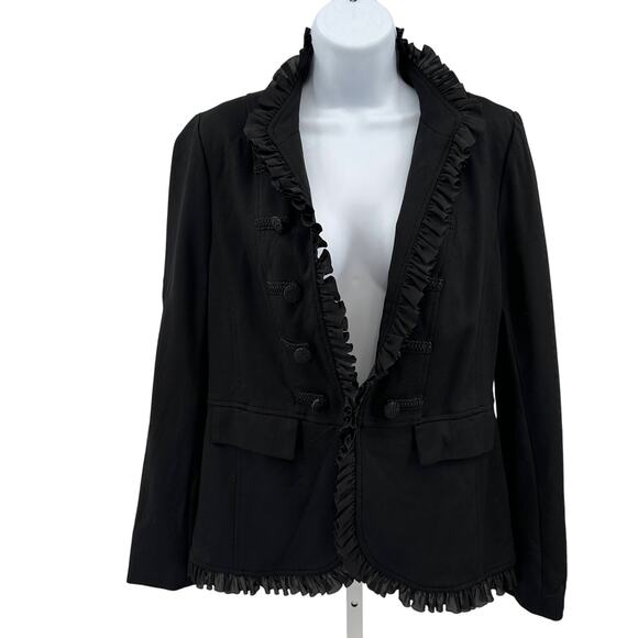 Chico’s Military Style Ruffle Trim Blazer Jacket WMNS 0 Black Open Front Button - Picture 2 of 15